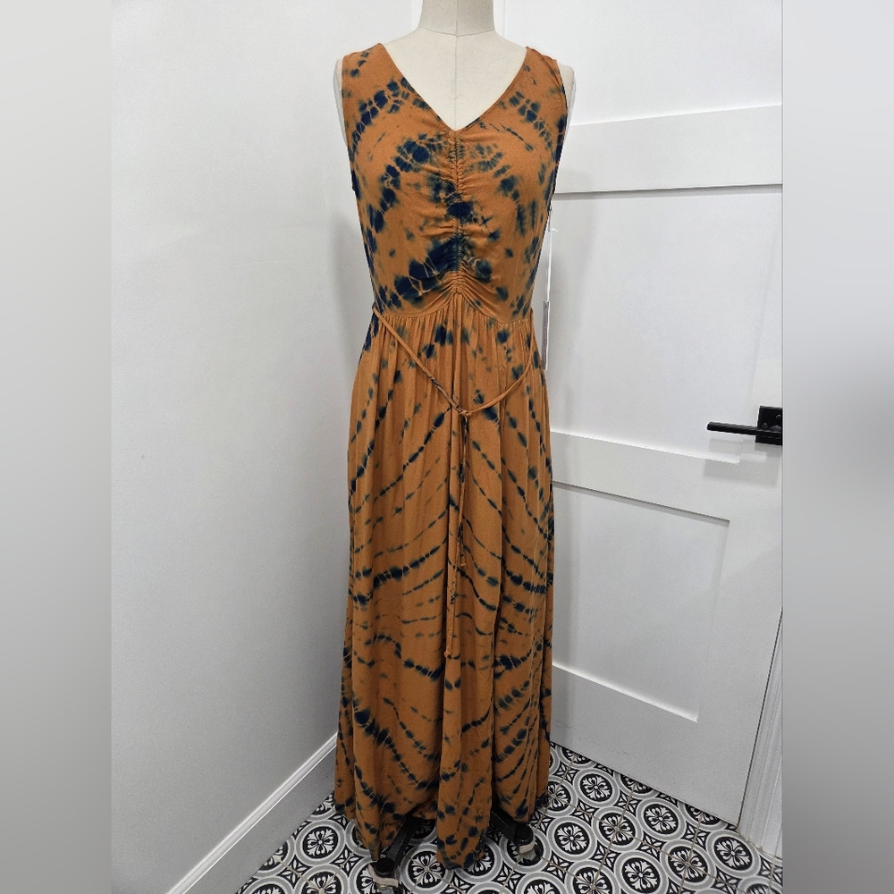 Young Fabulous & Broke Brown Blue Tie Dye Maxi Dress Pockets Boho Size M